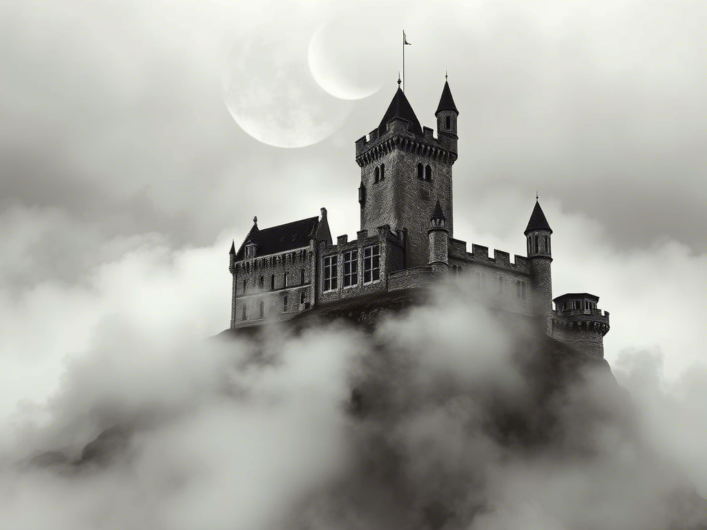Fantasy Castle Above the Clouds with Crescent Moon