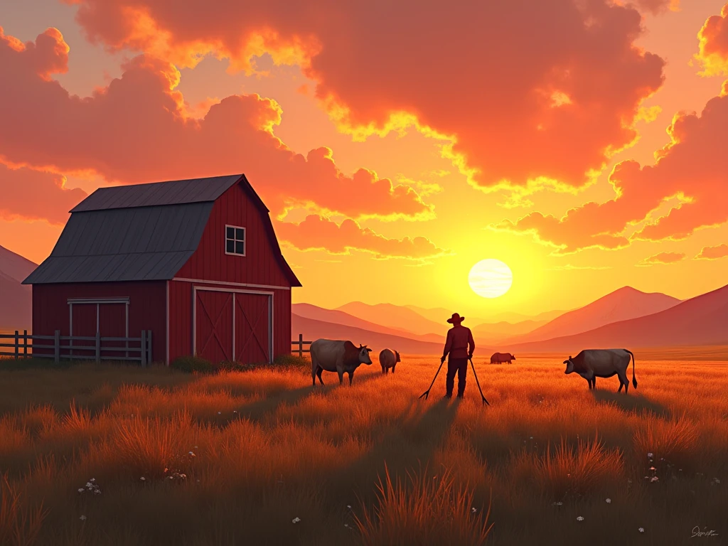 Serene Sunset Farm Scene with Barn and Cows My Store