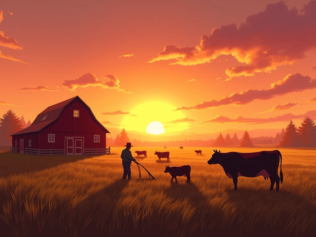 Serene Sunset Farm Scene with Barn and Cows My Store