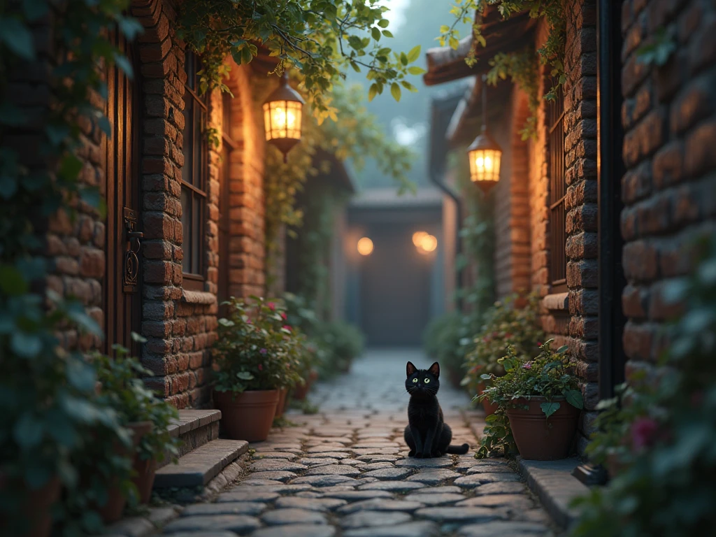 Cozy Alley with Black Cat and Lanterns My Store