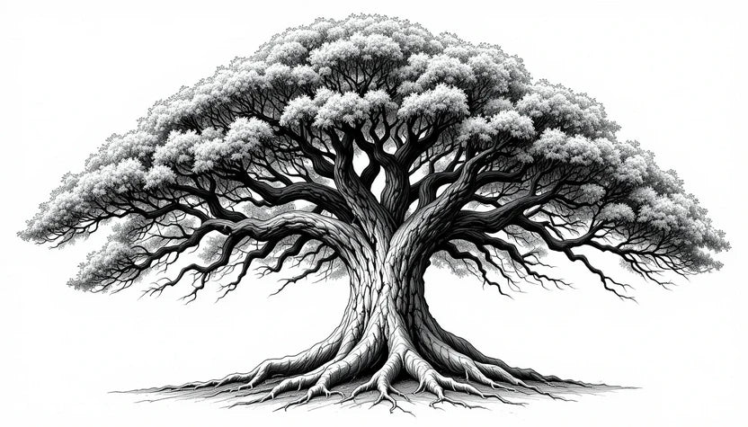 Black and White Tree of Life Illustration – Detailed Roots and Branches Art