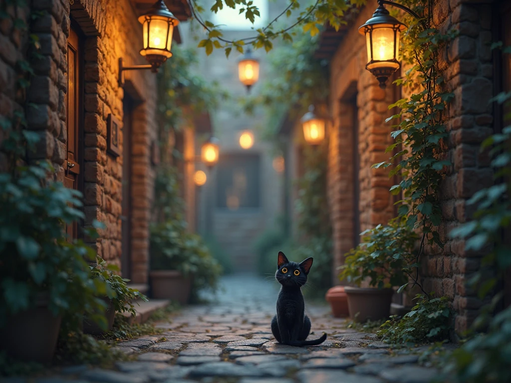 Cozy Alley with Black Cat and Lanterns My Store