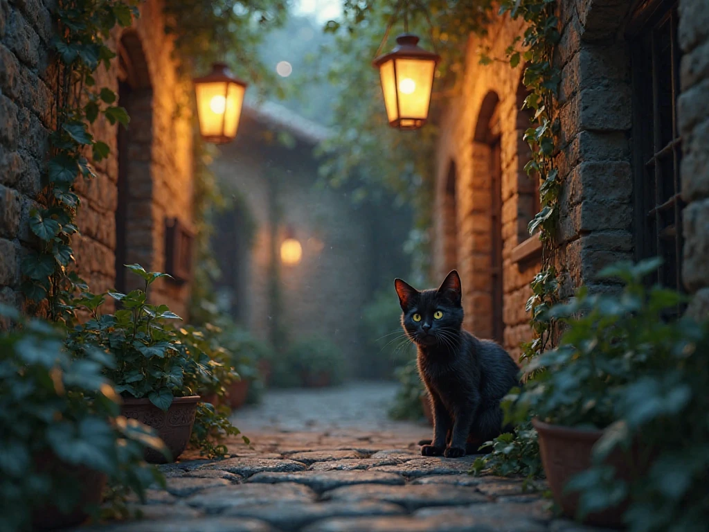 Cozy Alley with Black Cat and Lanterns My Store