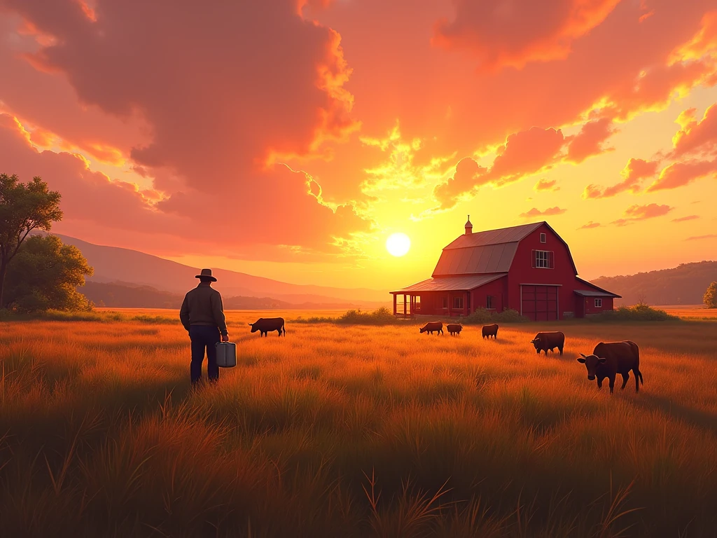 Serene Sunset Farm Scene with Barn and Cows My Store