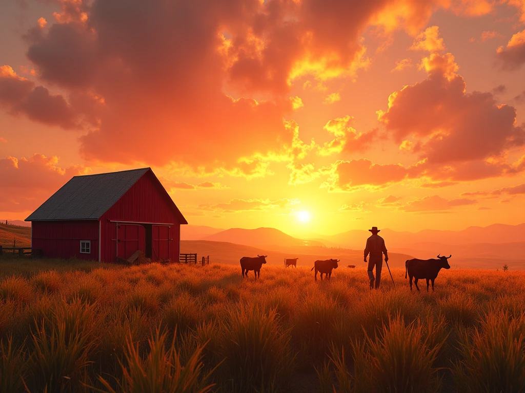 Serene Sunset Farm Scene with Barn and Cows My Store