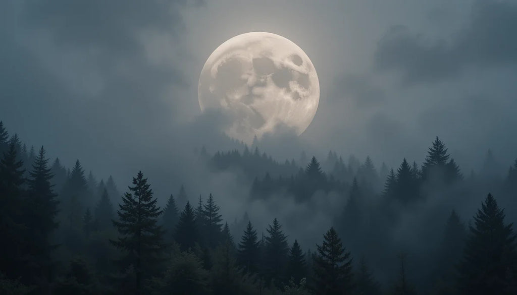 Mystical Full Moon Over Foggy Forest - Black and White Nature Wall Art Print