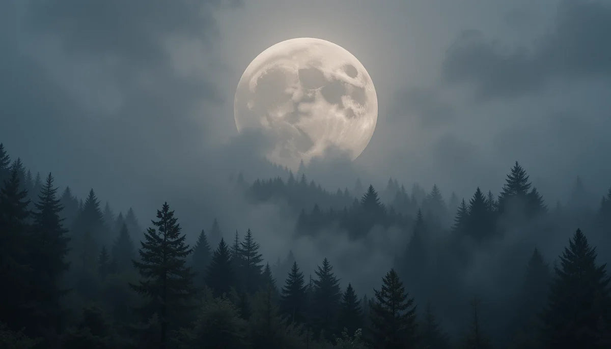 Mystical Full Moon Over Foggy Forest - Black and White Nature Wall Art Print