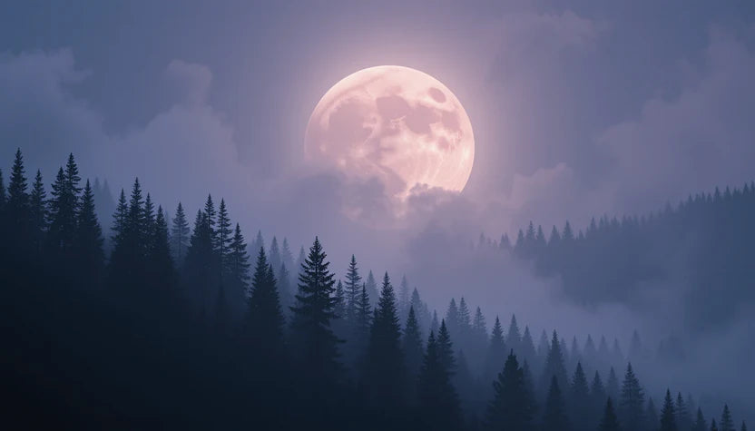 Mystical Full Moon Over Foggy Forest - Black and White Nature Wall Art Print