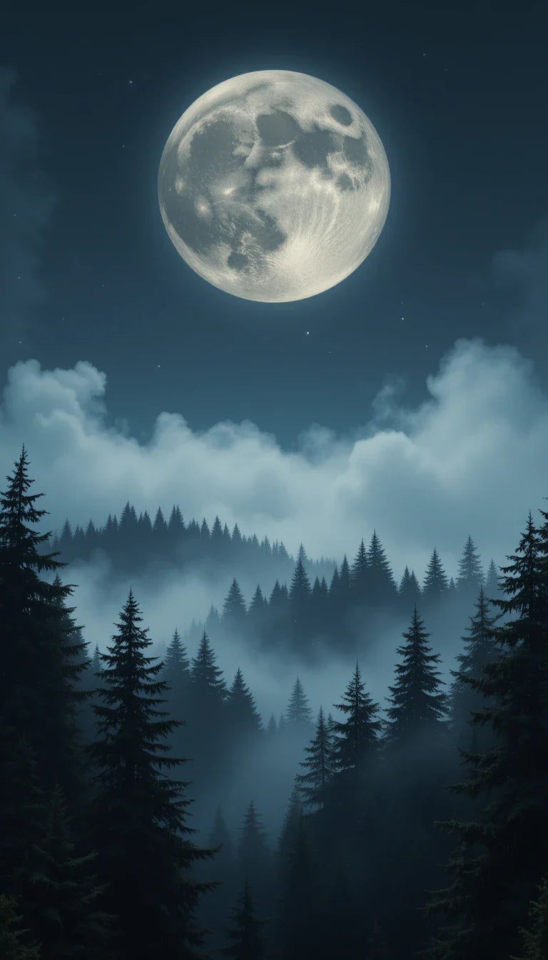 Mystical Full Moon Over Foggy Forest - Black and White Nature Wall Art Print