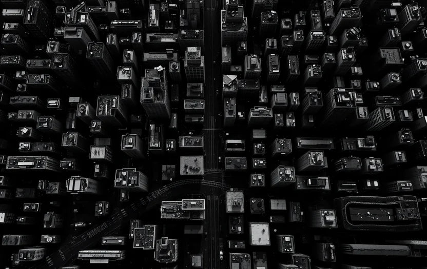Inverted aerial view of cityscape