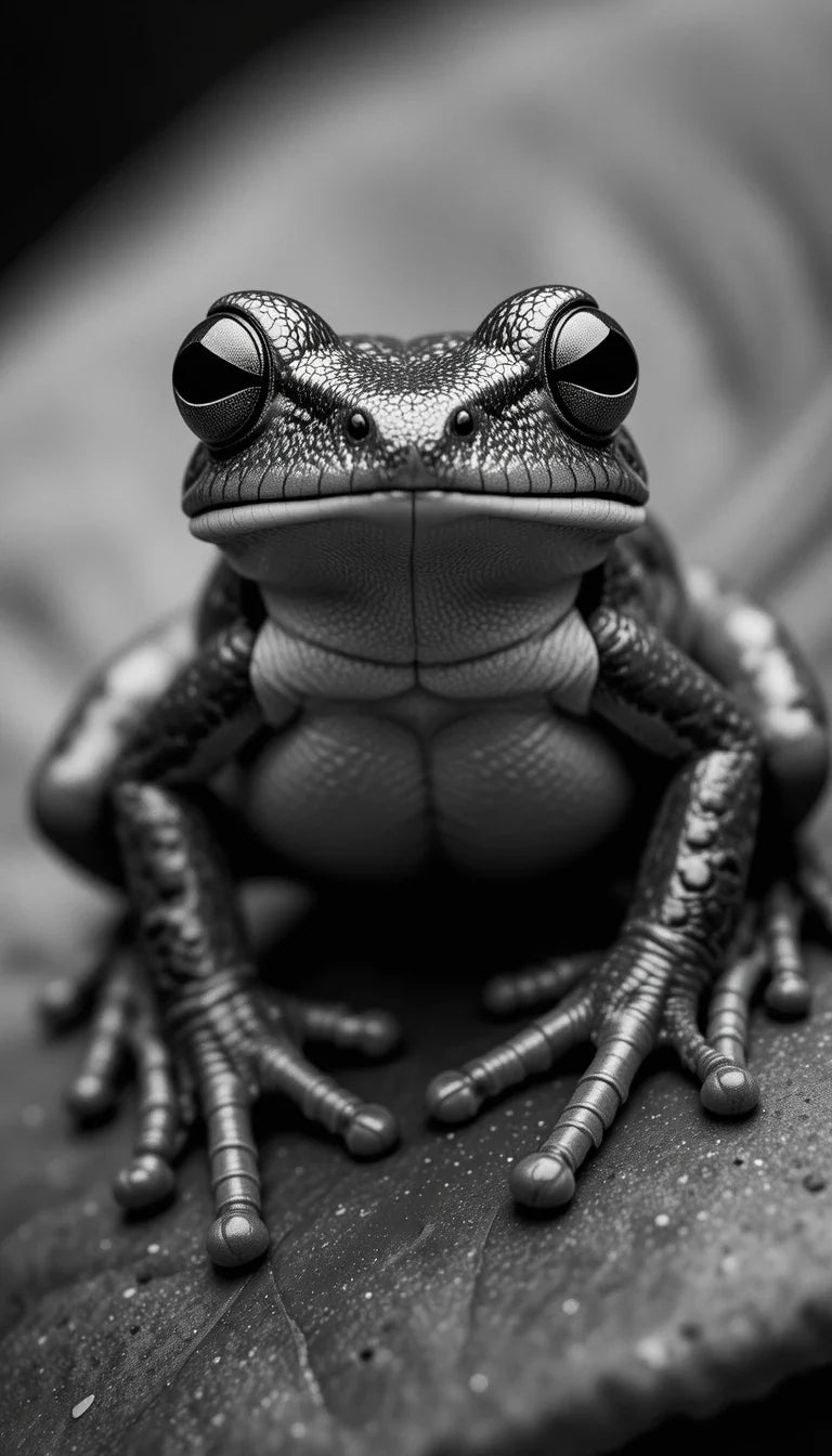 Majestic Tree Frog Close-Up – Black and White Macro Nature Photography Art