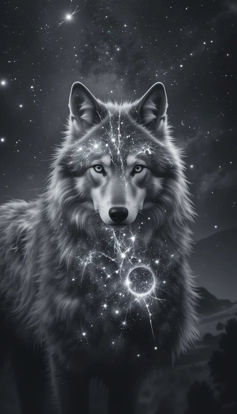 Cosmic Wolf Under Starry Night Sky – Monochrome Fantasy Animal Portrait Print