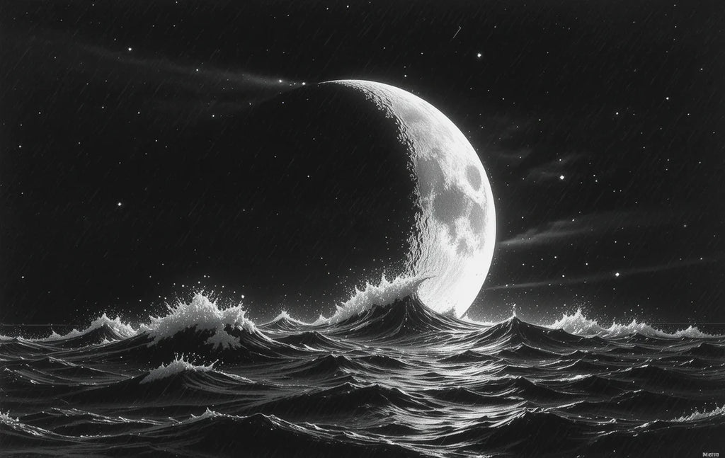 Crescent moon rising from stormy ocean waves