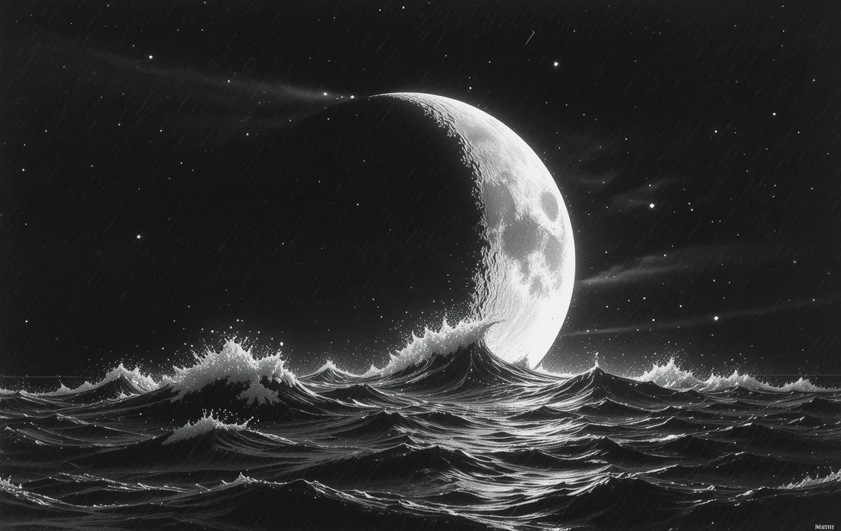 Crescent moon rising from stormy ocean waves