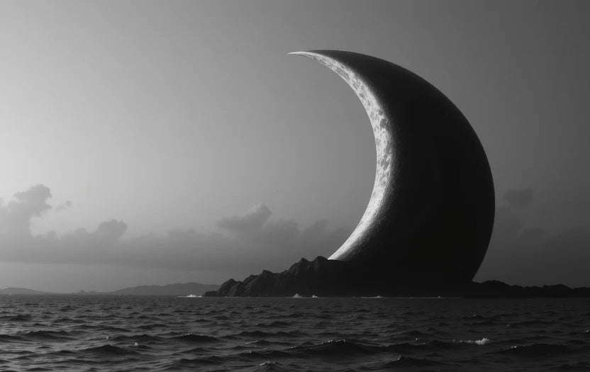 Crescent moon rising from stormy ocean waves