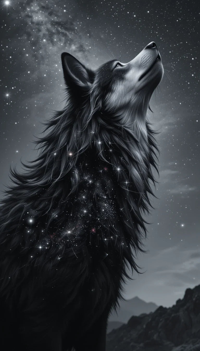 Cosmic Wolf Under Starry Night Sky – Monochrome Fantasy Animal Portrait Print