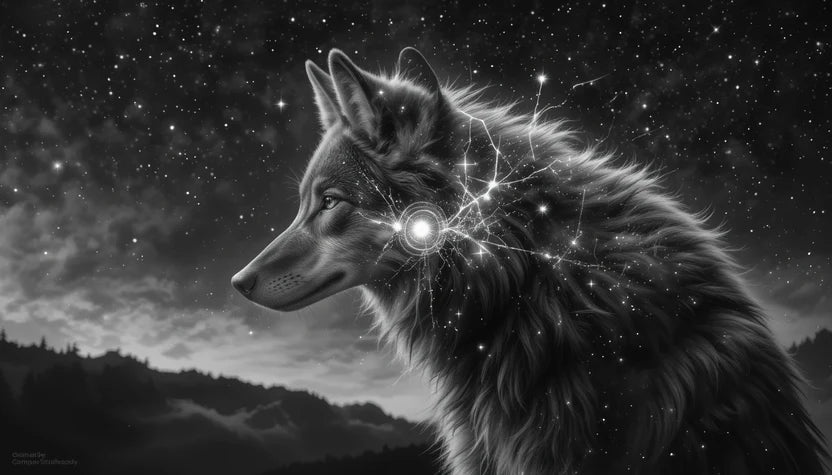 Cosmic Wolf Under Starry Night Sky – Monochrome Fantasy Animal Portrait Print