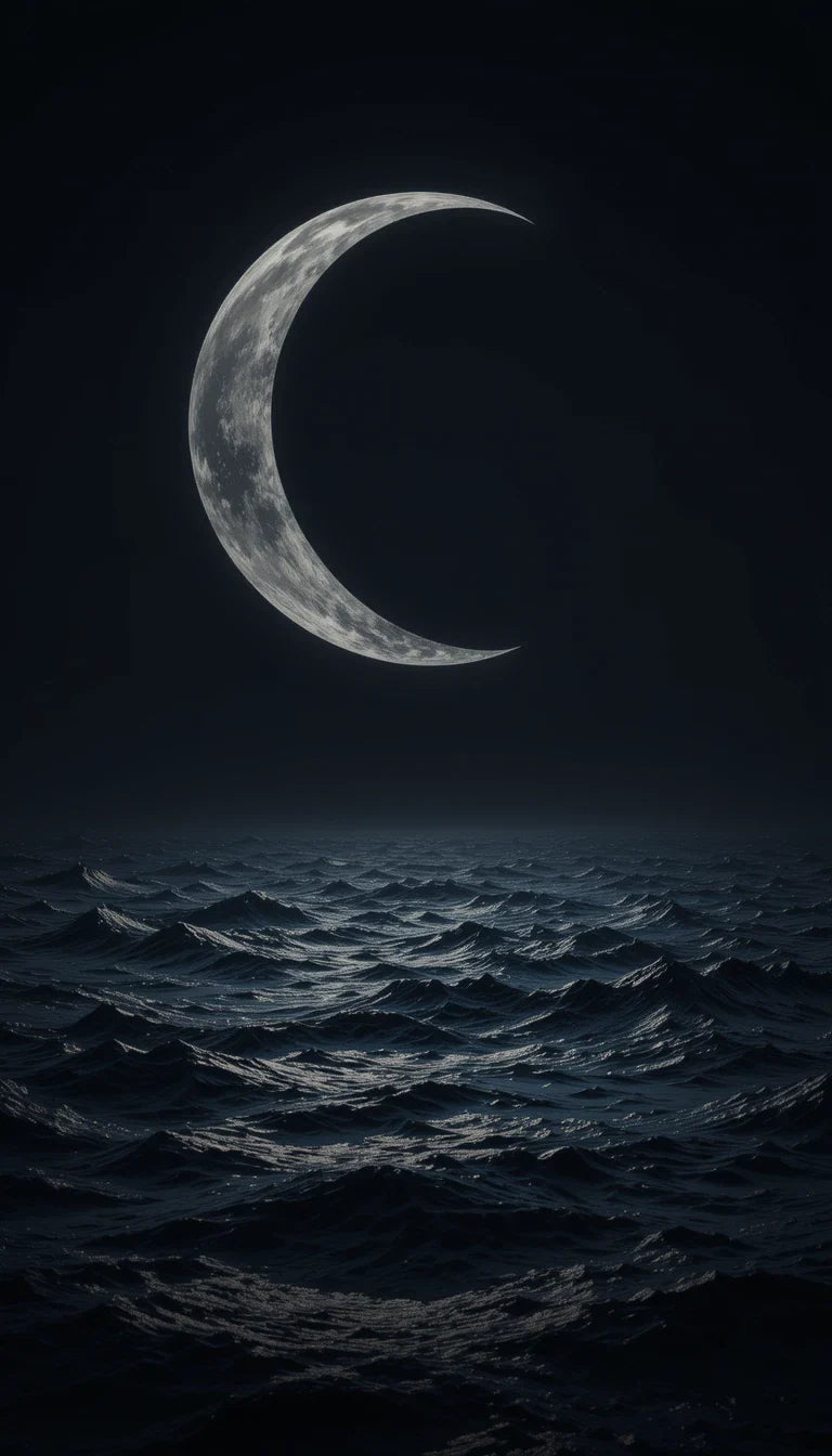 Crescent moon rising from stormy ocean waves