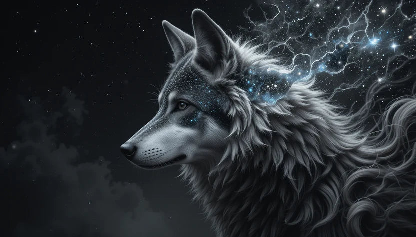 Cosmic Wolf Under Starry Night Sky – Monochrome Fantasy Animal Portrait Print
