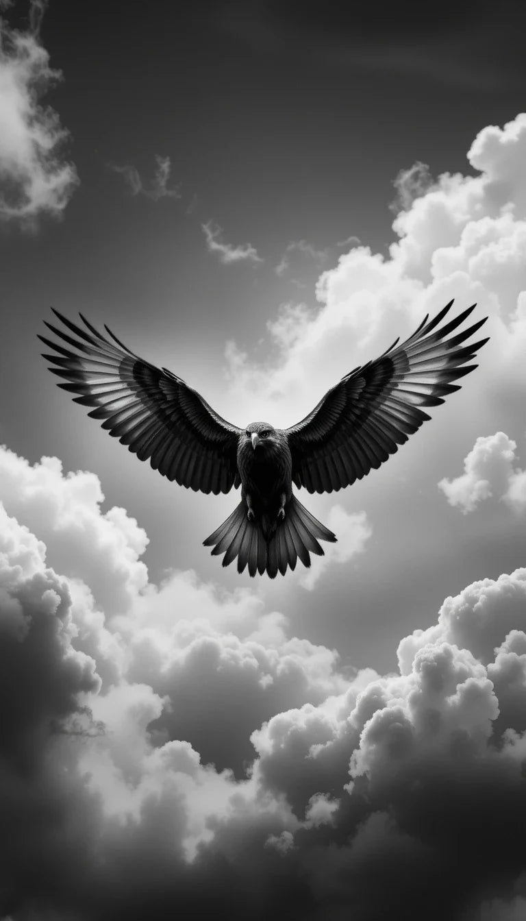 Soaring Eagle in Dramatic Clouds – Black and White Wildlife Photography Wall Art