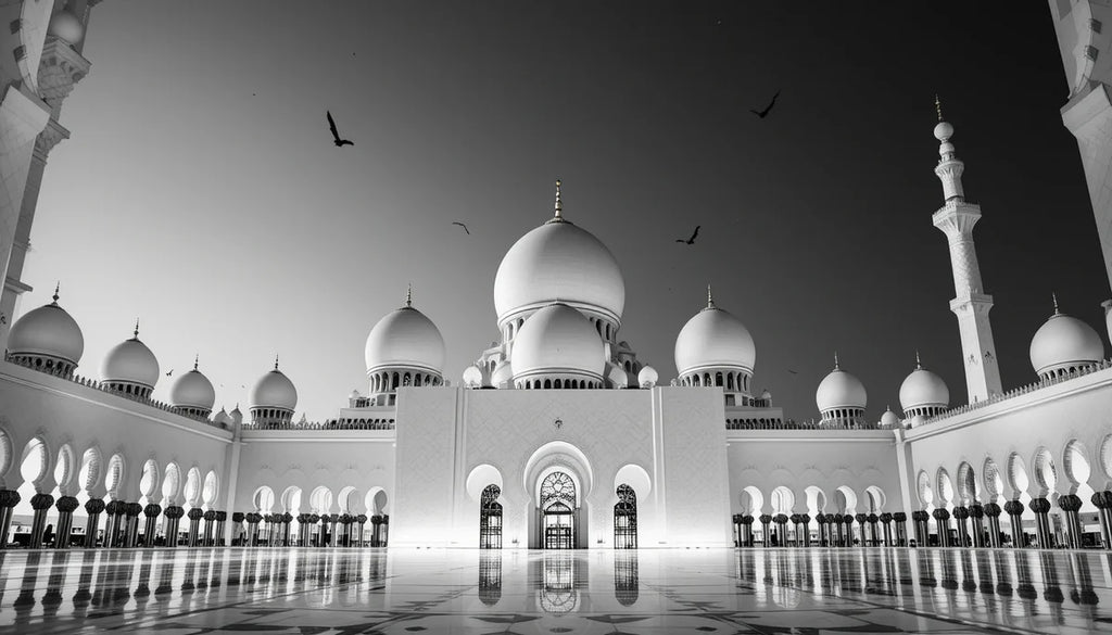 Sheikh Zayed Grand Mosque Courtyard Reflection - Serene Black and White Islamic Architecture Poster,Abu Dhabi