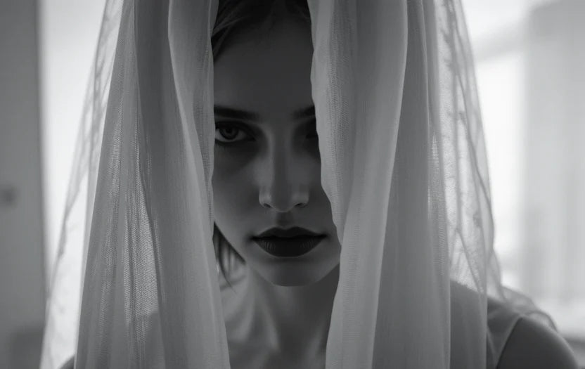 Woman peeking through sheer veil/fabric