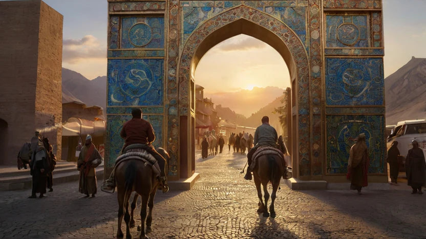 SILK ROAD CARVAN PASSING THROUGH ORNATE ANCIENT CITY