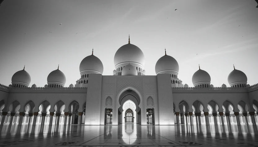 Sheikh Zayed Grand Mosque Courtyard Reflection - Serene Black and White Islamic Architecture Poster,Abu Dhabi