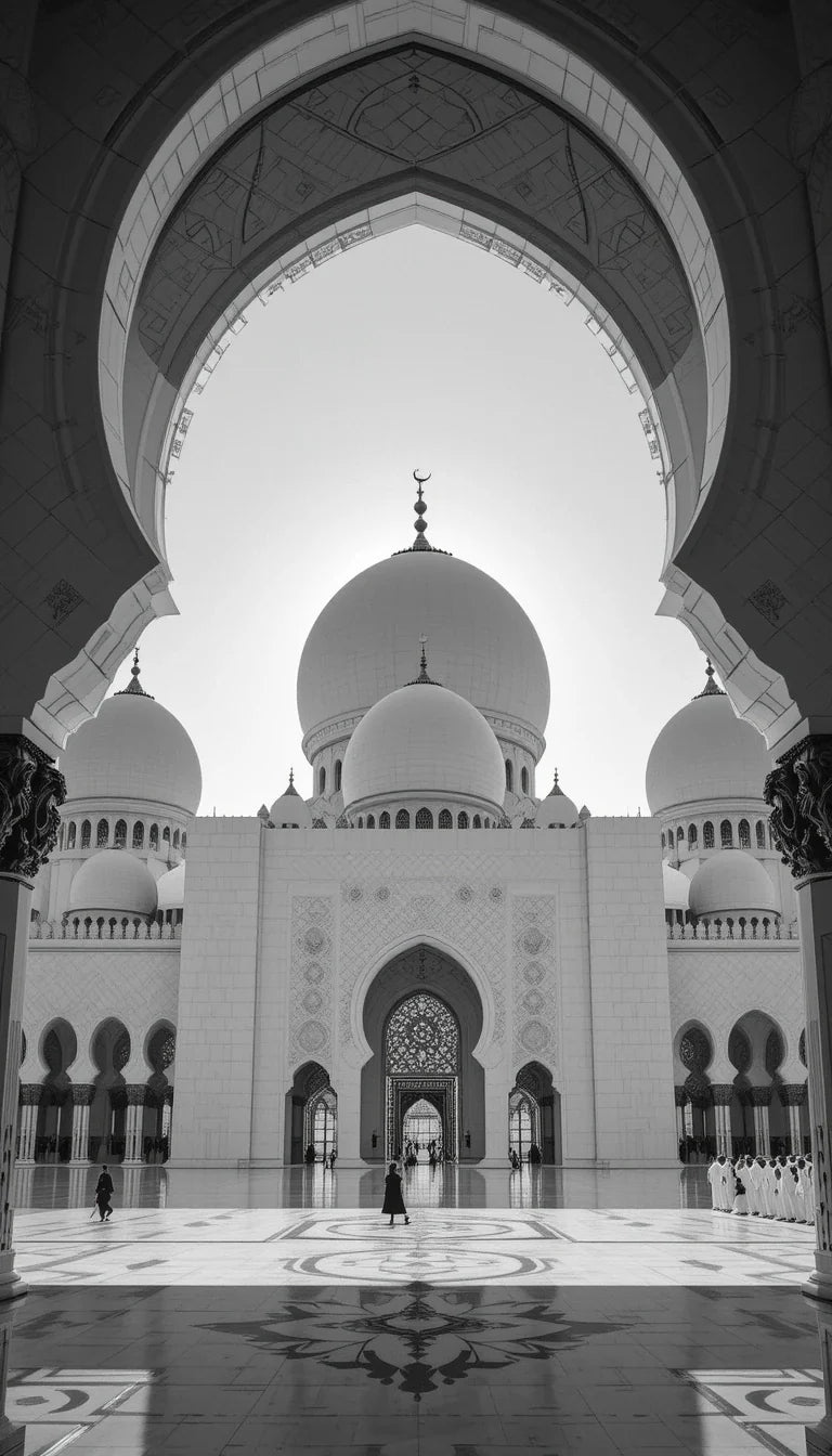 Sheikh Zayed Grand Mosque Courtyard Reflection - Serene Black and White Islamic Architecture Poster,Abu Dhabi