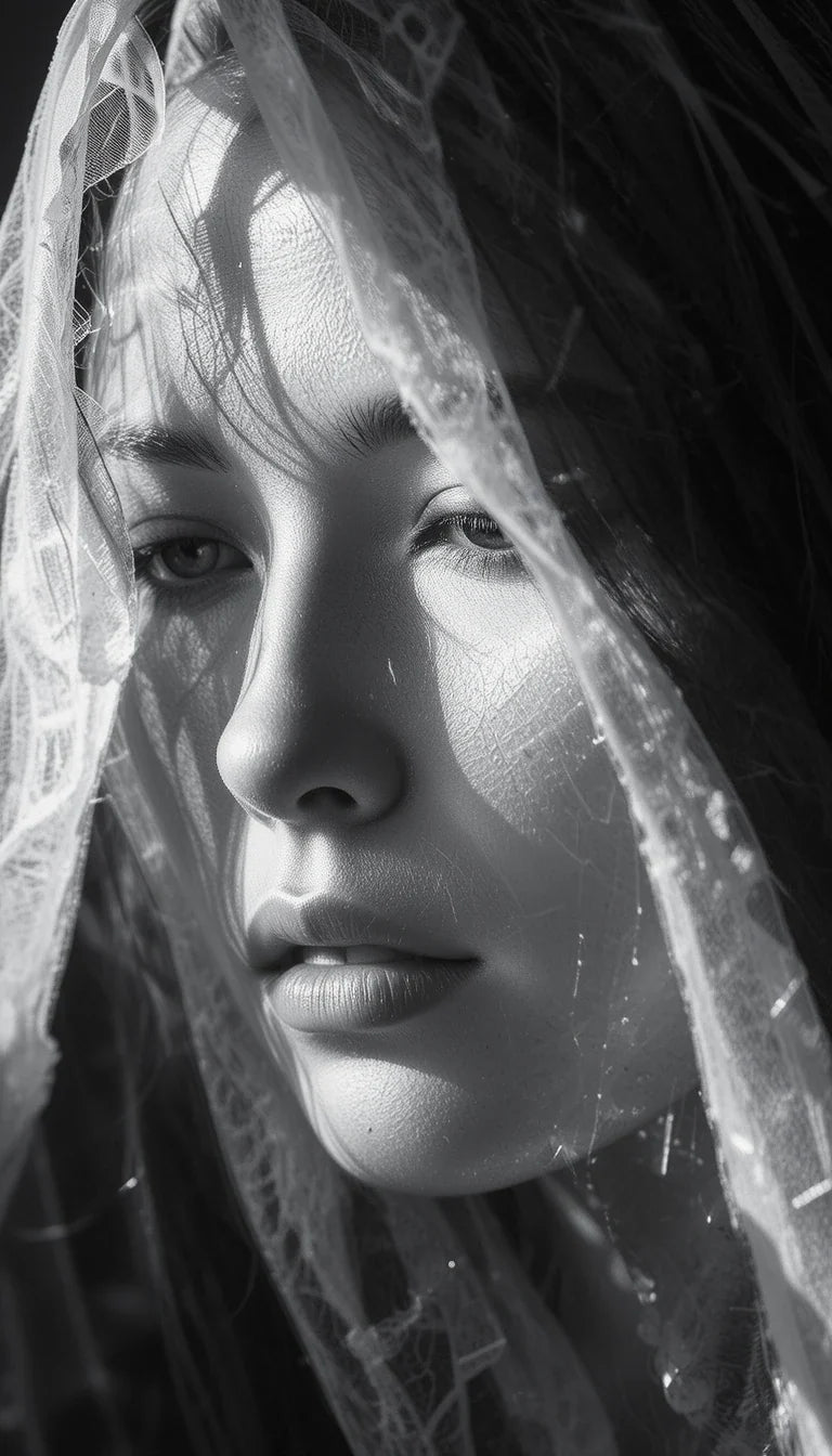 Woman peeking through sheer veil/fabric