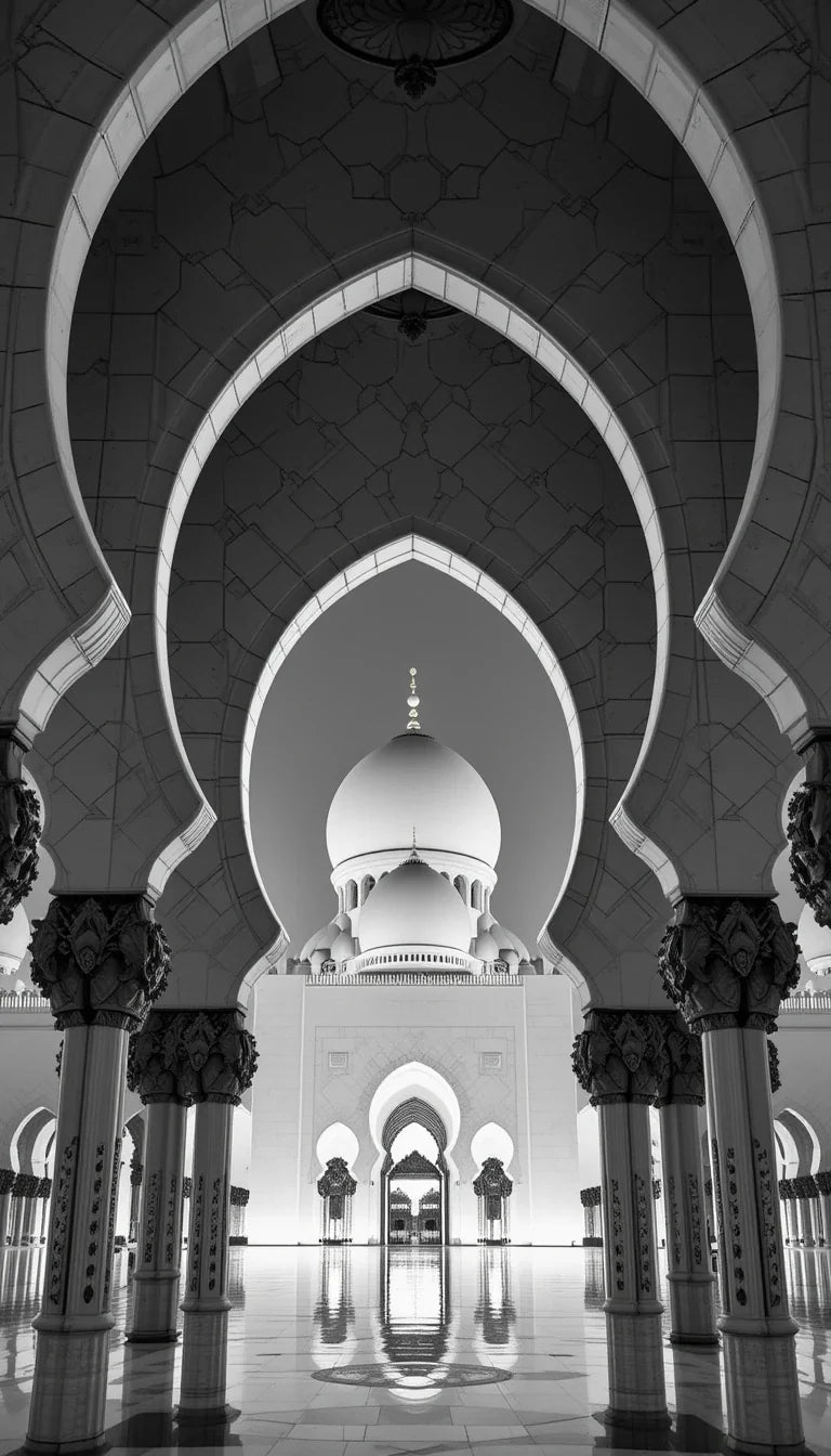 Sheikh Zayed Grand Mosque Courtyard Reflection - Serene Black and White Islamic Architecture Poster,Abu Dhabi