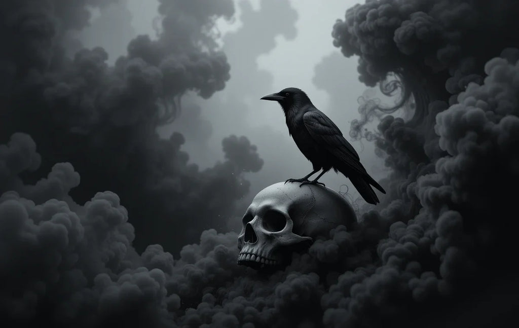 Raven perched on skull in clouds