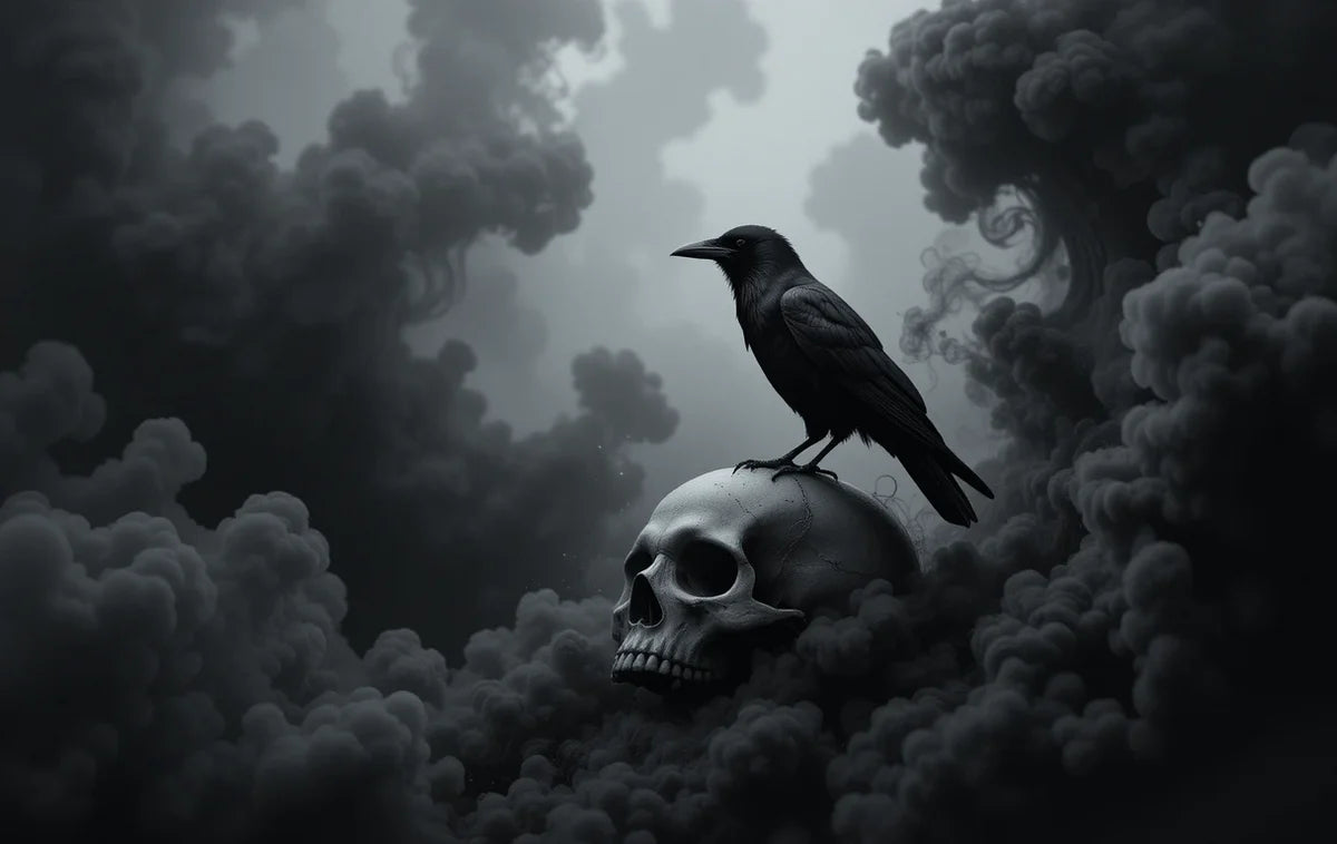 Raven perched on skull in clouds