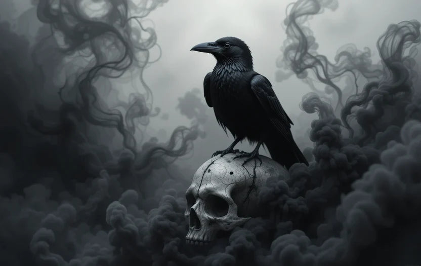 Raven perched on skull in clouds