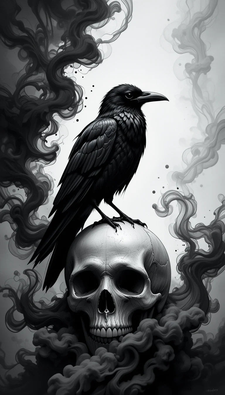 Raven perched on skull in clouds