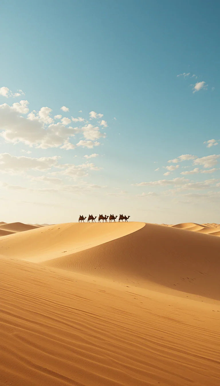 CAMAEL CARVAN CROSSING ENDLESS DESERT DUNES