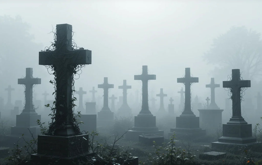 Foggy graveyard with crosses