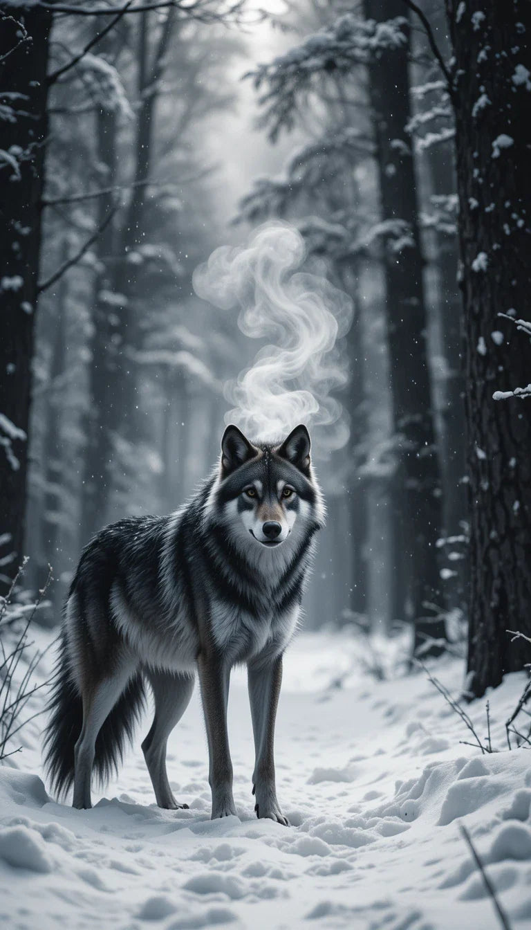 Lone Wolf in Snowy Forest with Breath - Mystical Black and White Wildlife Wall Art