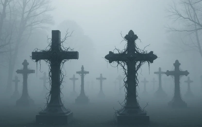 Foggy graveyard with crosses