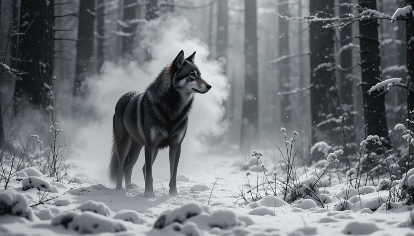 Lone Wolf in Snowy Forest with Breath - Mystical Black and White Wildlife Wall Art