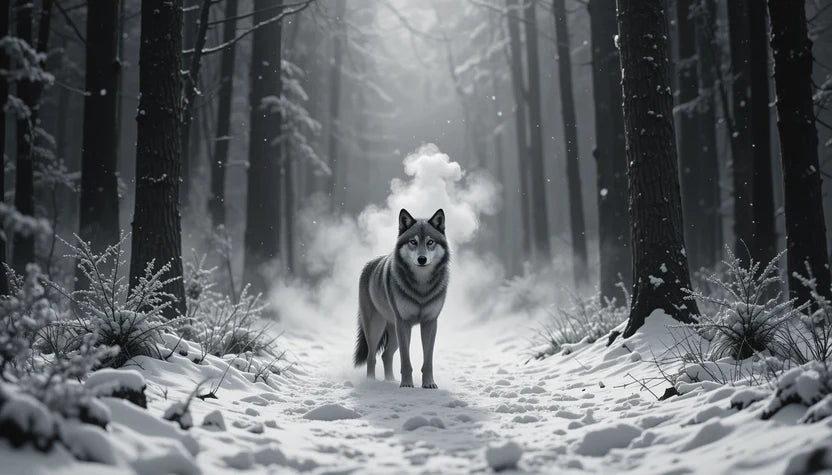 Lone Wolf in Snowy Forest with Breath - Mystical Black and White Wildlife Wall Art