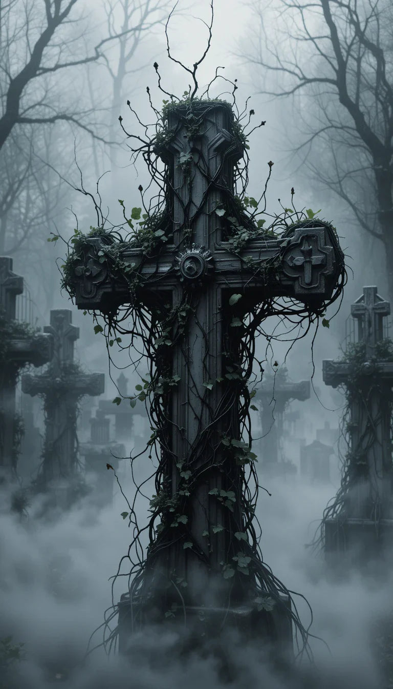 Foggy graveyard with crosses