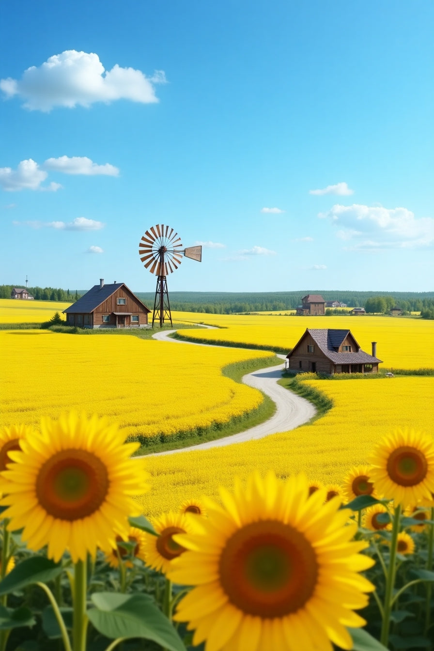 Sunflower Fields with Windmill and Farmhouse My Store