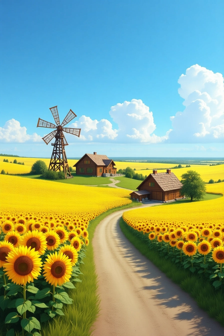Sunflower Fields with Windmill and Farmhouse My Store