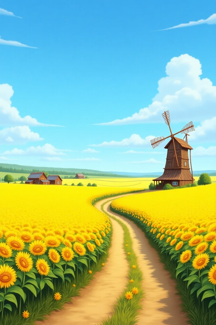 Sunflower Fields with Windmill and Farmhouse My Store
