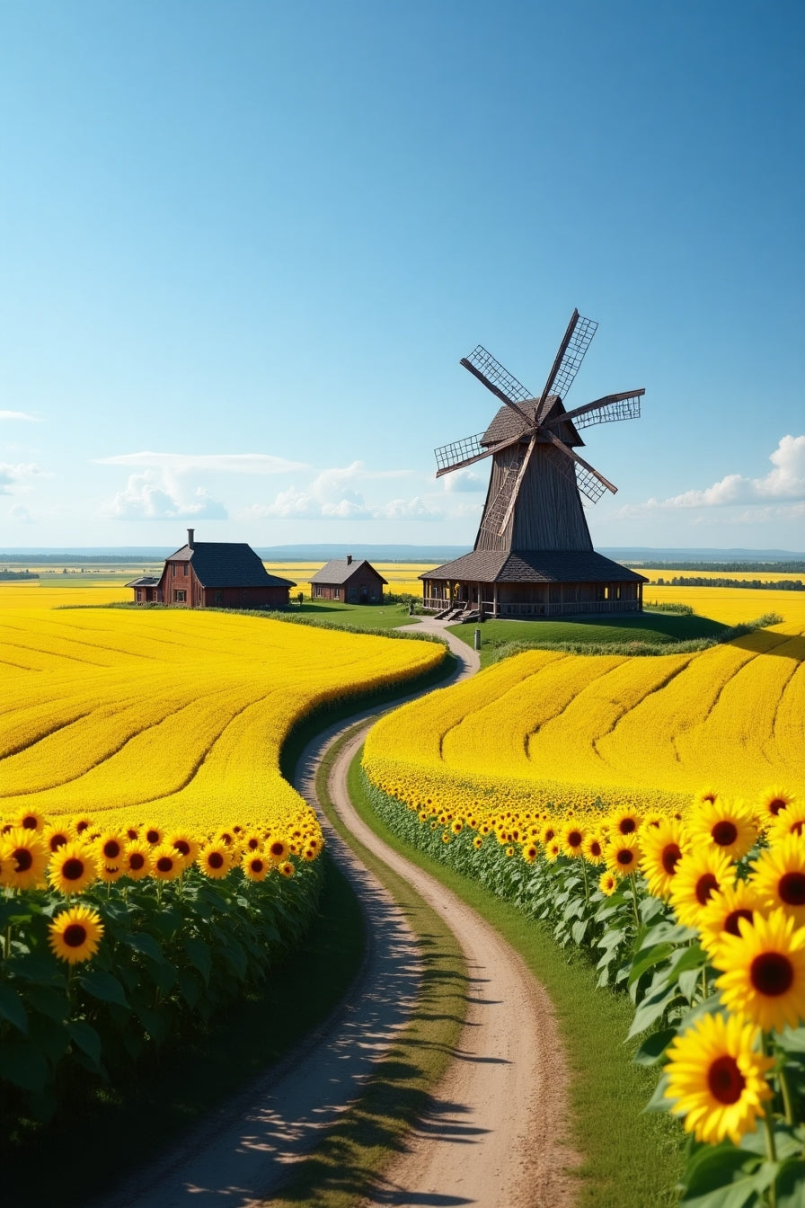 Sunflower Fields with Windmill and Farmhouse My Store