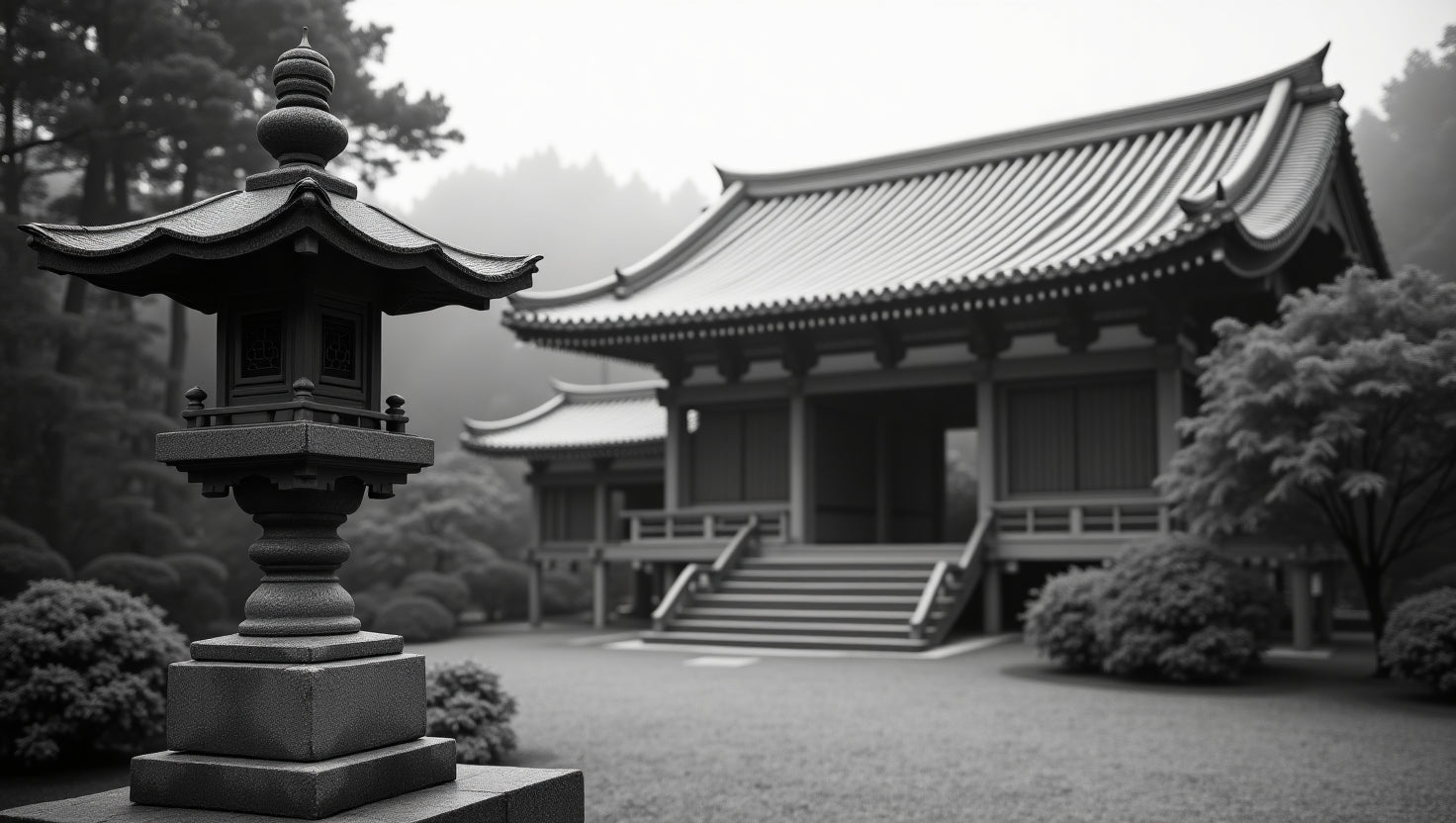 Japanese temple in mist → Lantern at the Edge of Eternity