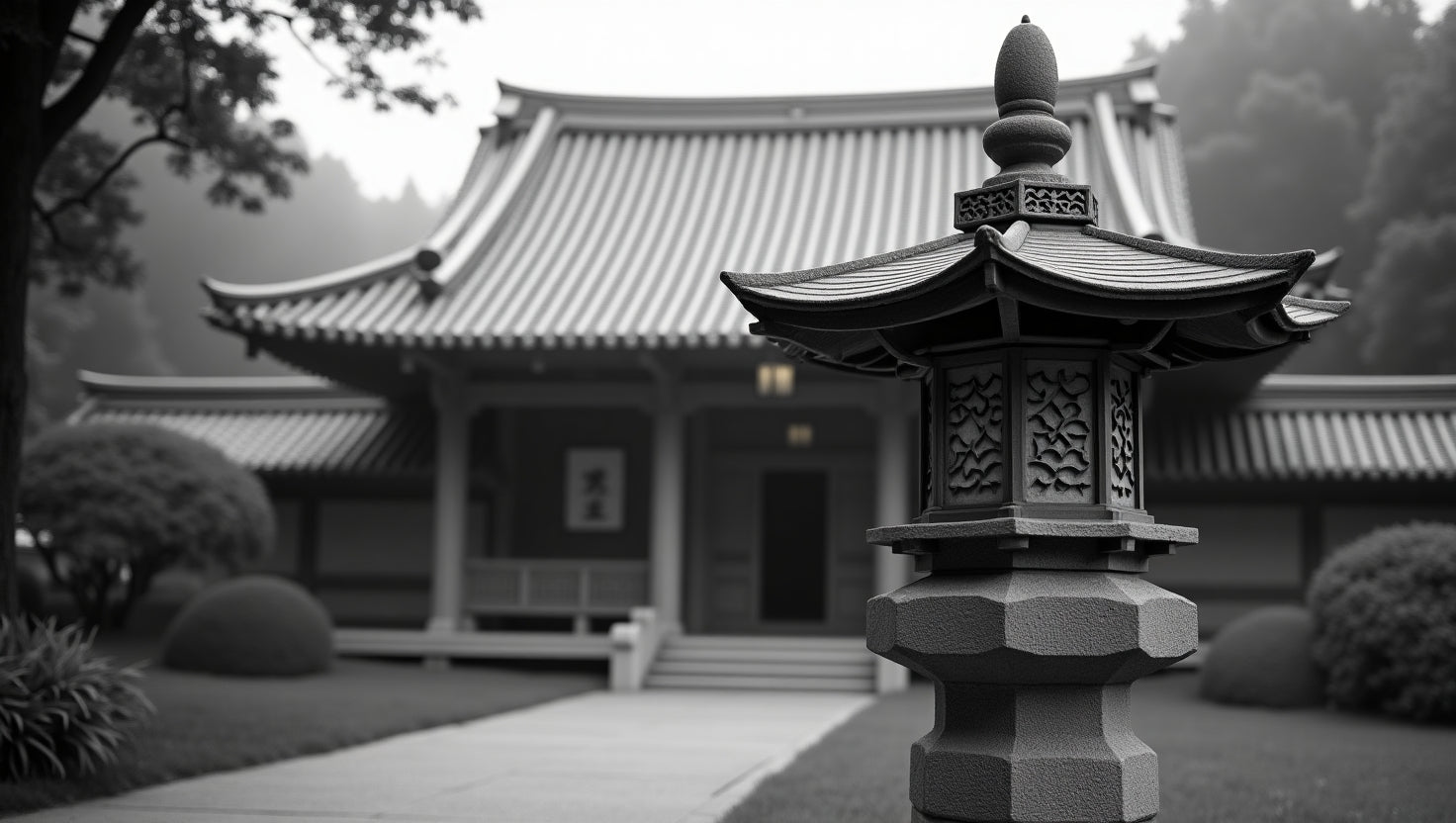 Japanese temple in mist → Lantern at the Edge of Eternity