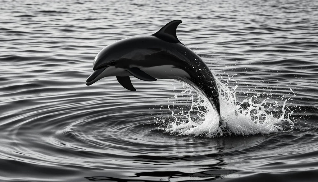 Leaping Dolphin Mid-Air - Joyful Black and White Marine Mammal Photography Print