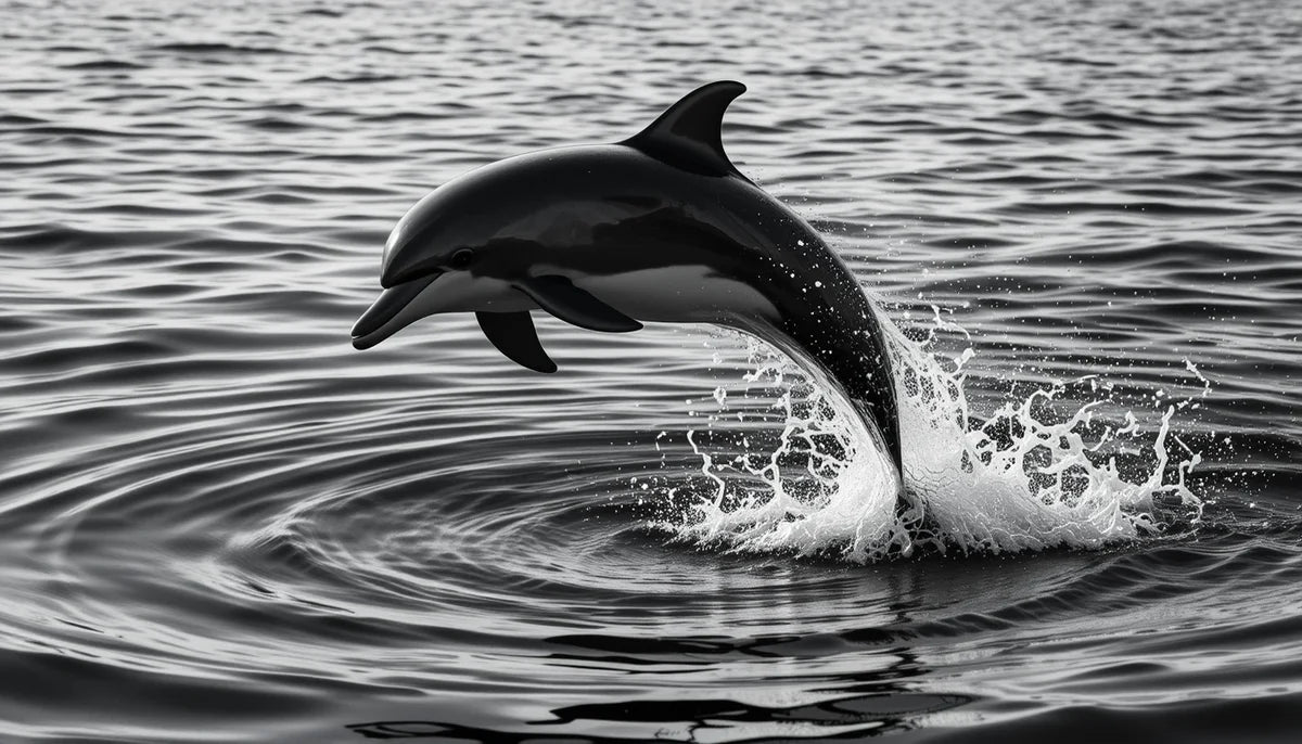 Leaping Dolphin Mid-Air - Joyful Black and White Marine Mammal Photography Print